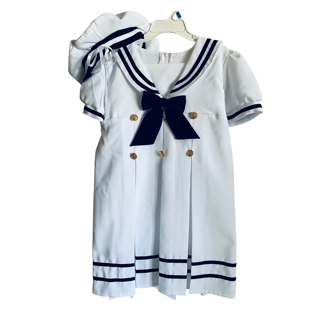 Rafael Collection Sailor Dress White & Navy Blue Gold Buttons Girls 4T